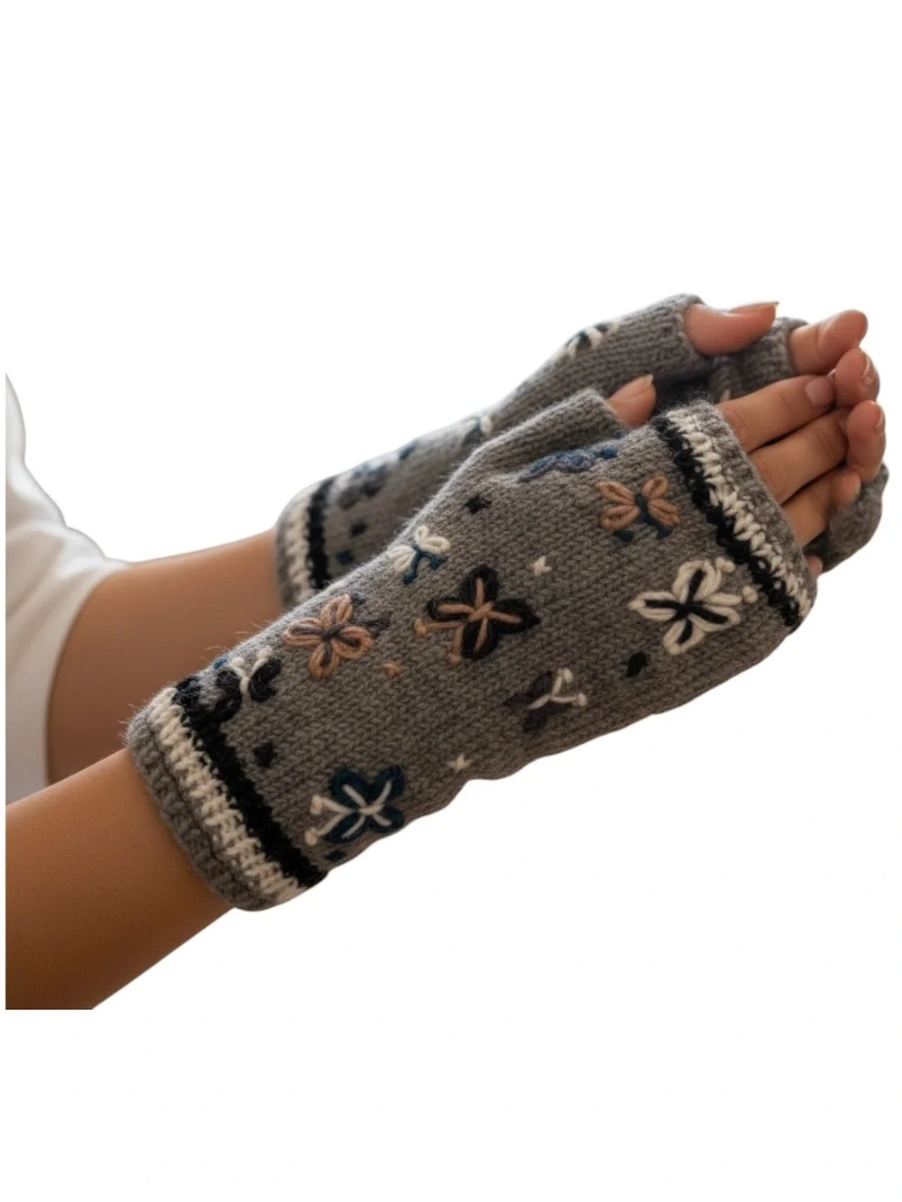 G612:  YAK & YETI NWT BUTTERFLIES FINGERLESS GLOVES/MITTENS LT GREY